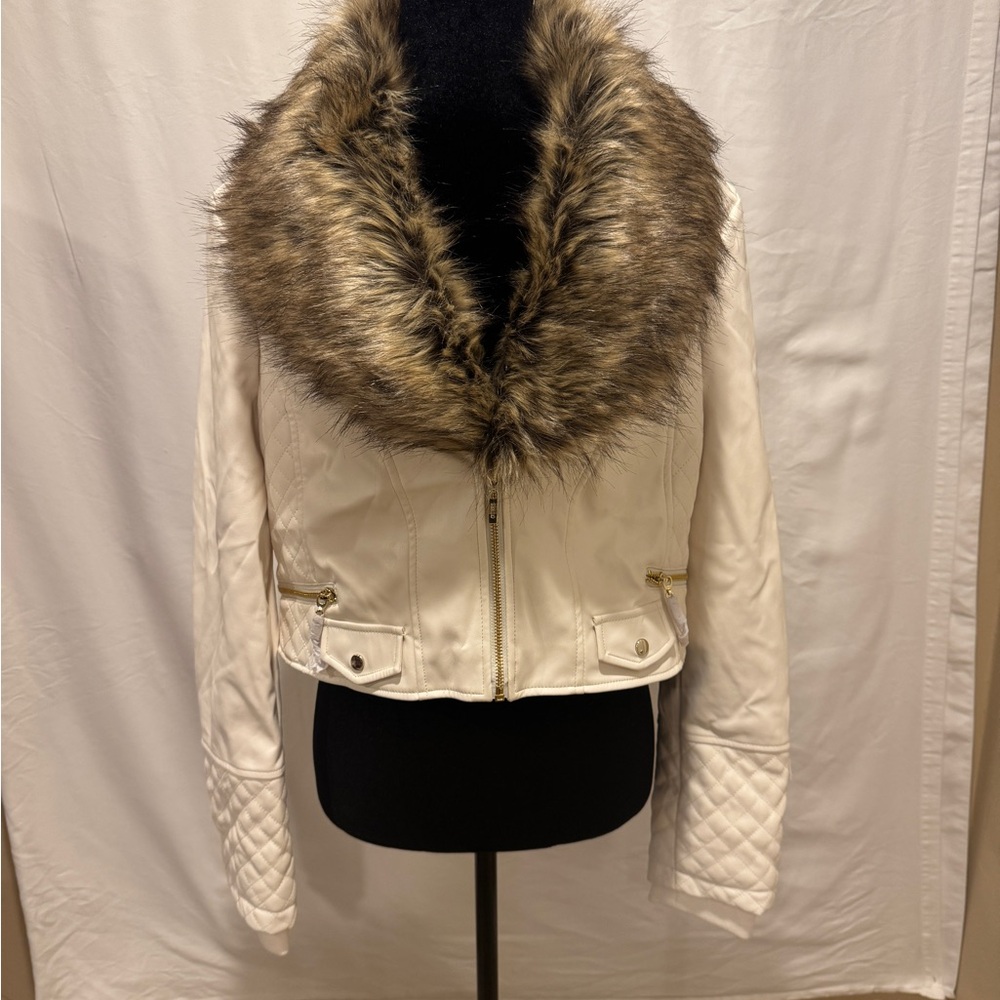 Guess White Faux Fur Faux Leather Jacket